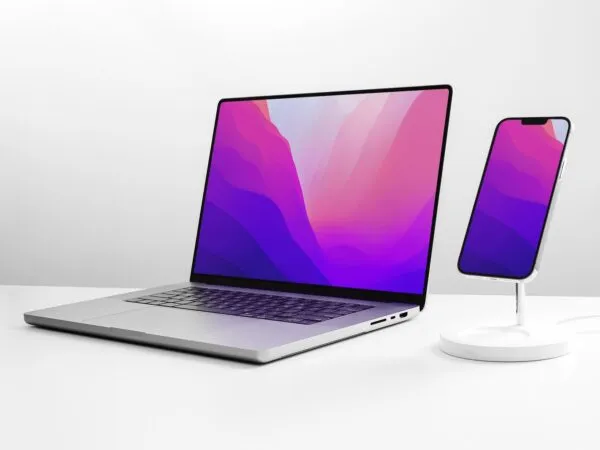 Apple MacBook Pro 16 and iPhone 13 Pro Max Mockup in Perspective View 1