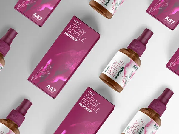 Arranged Rows of Spray Bottles With Boxes Mockup 1