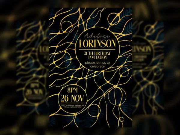 Artistic Golden and Black Birthday Invitation Flyer Template 1