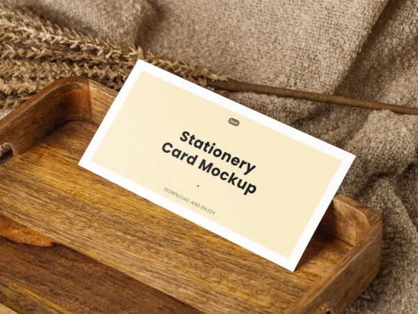 Artistic Oblong Card Mockup on Wooden Plate 1