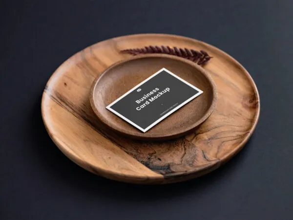 Artistic Perspective Business Card Mockup on Wooden Plate 1