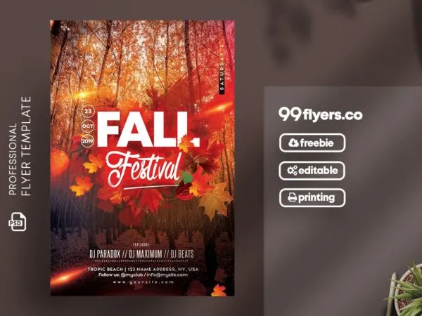 Autumn Leafy Fall Festival Party Flyer Template 1