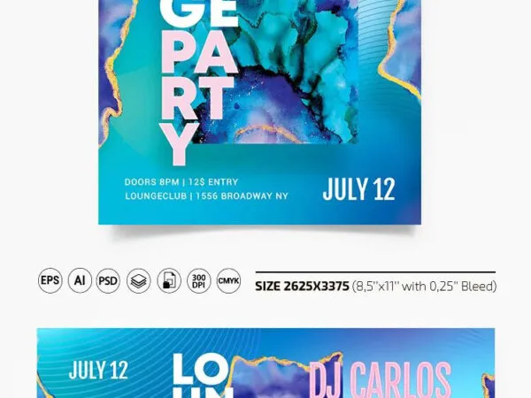 Azure Blue Classy Lounge Party Flyer Template and Facebook Cover 1