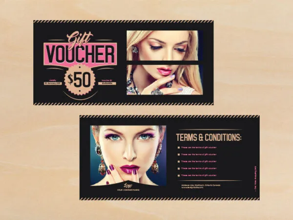 Back and Front Fashion Gift Voucher Design Template Mockup 1