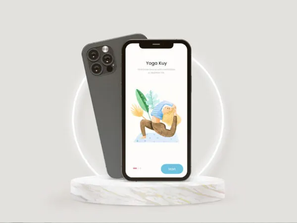 Back and Front View iPhone 12 on a Stand Mockup 1