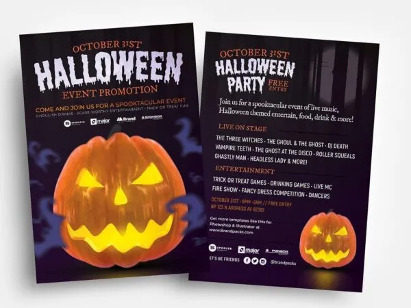 Back and Front of Halloween Flyer Template with Carved Pumpkin 1
