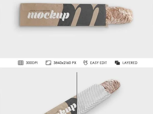 Baguette in Kraft Paper Bag Mockup in 2 Sights 1