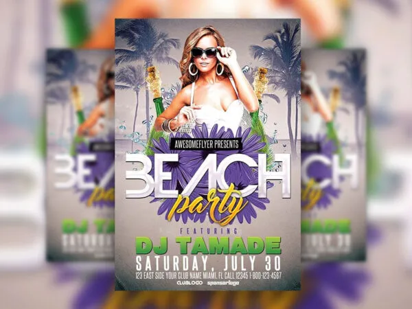 Beach Party Flyer Template Featuring Champagin Flowers and Palm Trees 1