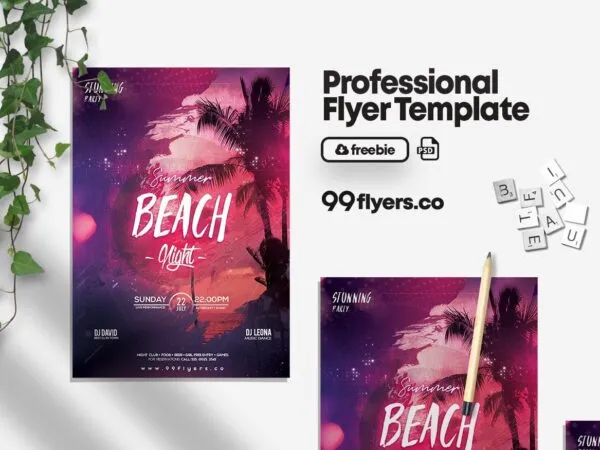 Beach Party Flyer Template Featuring a Beach Scene at Night 1