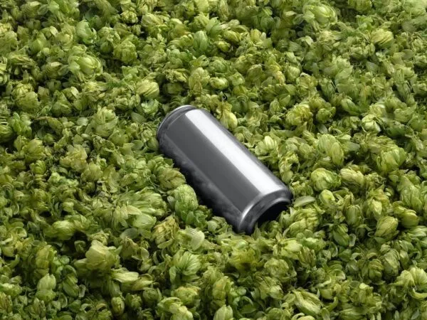 Beer Can Mockup with Green Blossom Background 1