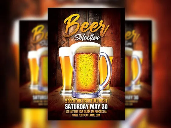 Beer Party Flyer Template with Overflowing Pints and Wooden Background 1