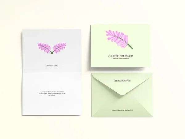 Bi Fold Greeting Card Mockup with Envelope in Top View 1