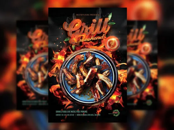 Black 3D Modern Grill Bar Restaurant Flyer Template 1