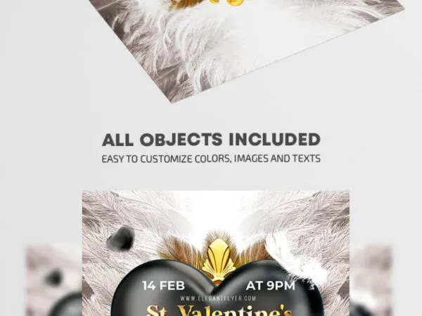 Black Golden Feathery Valentines Day Party Flyer Template 1