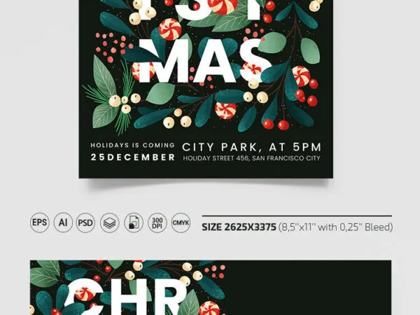 Black Green Festive Christmas Party Flyer Along with Facebook Cover Templates 1