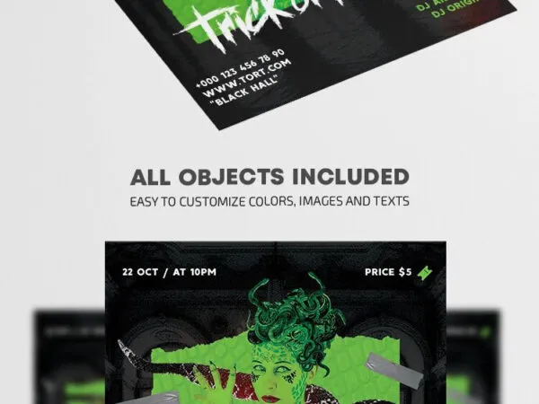 Black Green Horror Trick or Treat Party Flyer Template 1