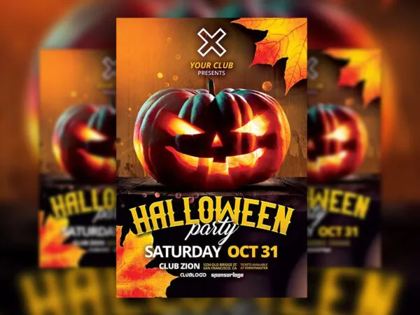 Black Orange 3D Leafy Halloween Party Flyer Template 1