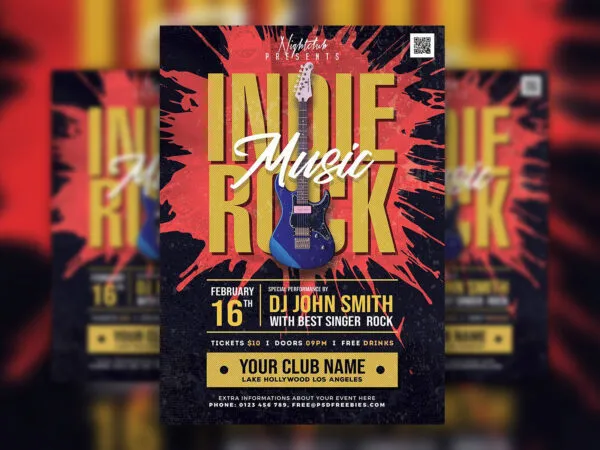 Black Red Yellow Grunge Indie Rock Band Flyer Template 1