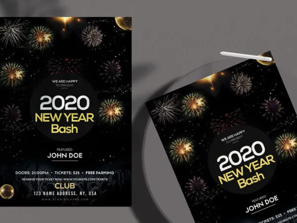 Black and Gold Modern New Year Party Flyer Template 1