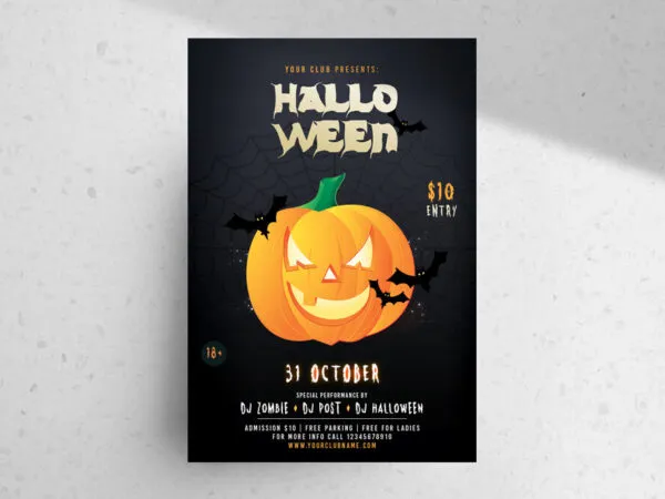 Black and Orange Illustrated Spooky Halloween Party Flyer Template 1
