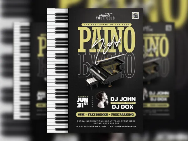 Black and White Piano Music Concert Flyer Template 1