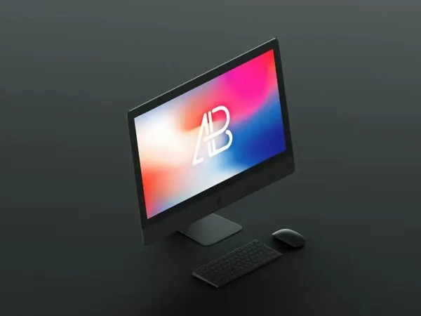 Black iMac Pro Mockup Along with Mouse and Keyboard 1