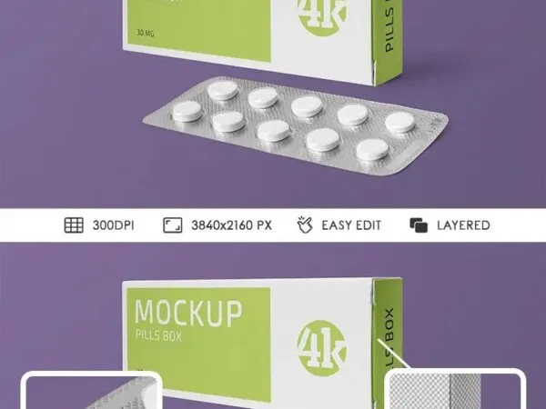 Blister Pack Along with the Packaging Box in Perspective Mockup 1