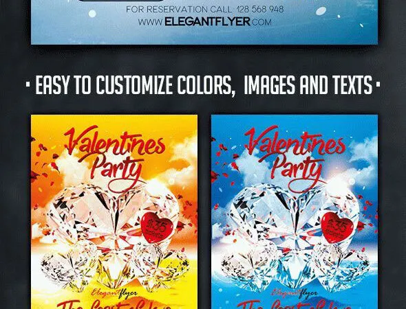 Blue Crystal Heart Valentines Day Party Flyer and Facebook Cover Templates 1