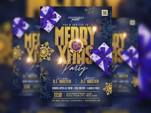 Blue Gold Xmas Party Flyer Template 1