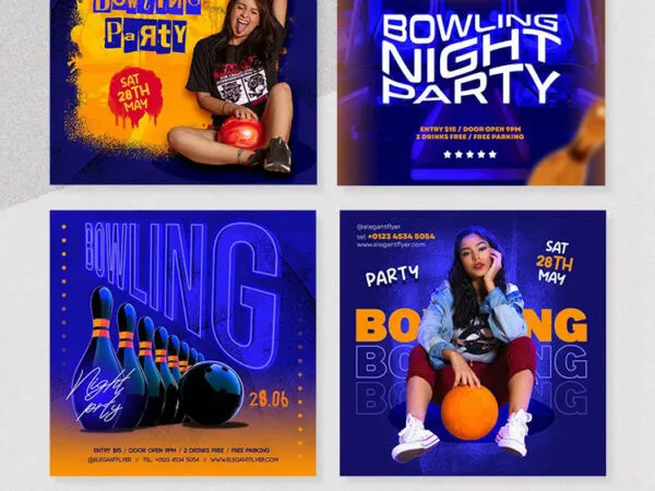Blue Gradient Bowling Party Flyer Facebook Post Template 1