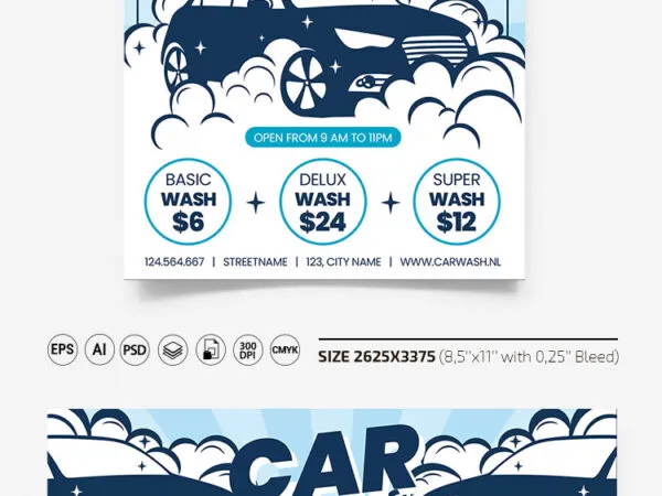 Blue Illustrated Car Wash Flyer Along with Facebook Cover Templates 1