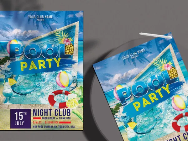 Blue Illustrated Summer Pool Party Flyer Template 1