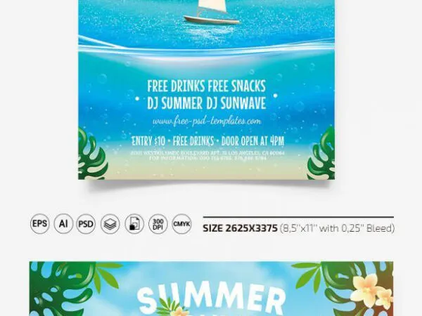Blue Illustrated Yacht Party Flyer and Facebook Cover Templates 1