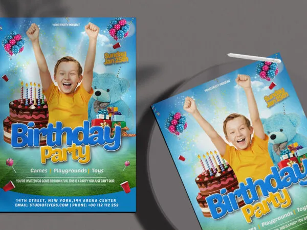 Blue Modern Kids Birthday Party Flyer Template 1