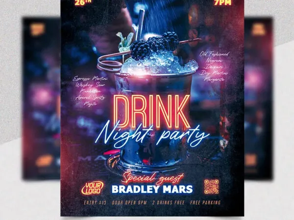Blue Neon Drink Party Flyer Template 1