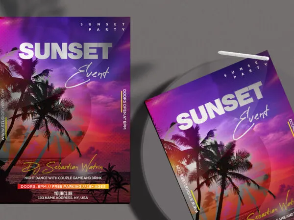 Blue Purple Red Tropical Beach Party Flyer Template 1