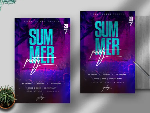Blue Purple Tropical Summer Night Party Flyer Template 1