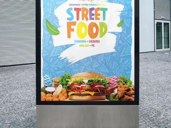 Blue White Paint Stroke Modern Street Food Poster Template 1