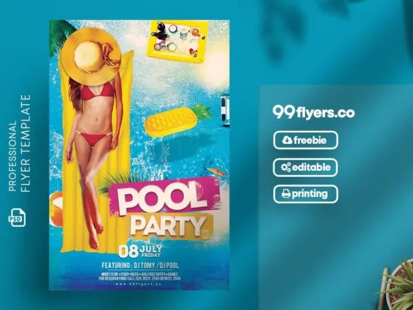 Blue Yellow Tropical Summer Pool Party Flyer Template 1