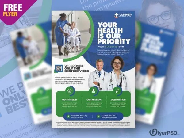 Blue and Green Modern Medical Care Flyer Template 1