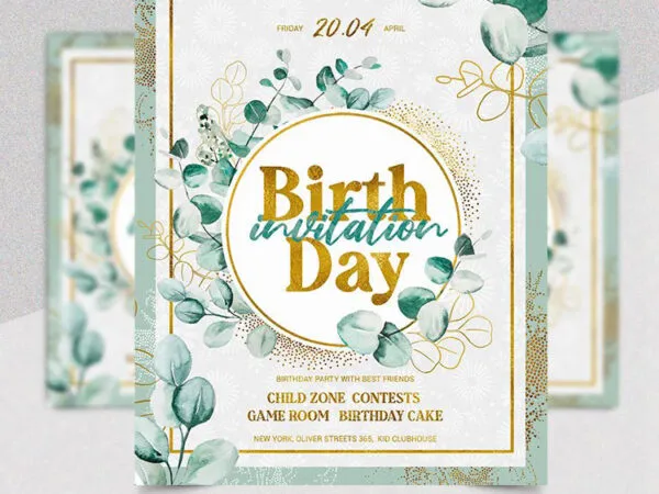 Blue and White Birthday Invitation Flyer Template 1