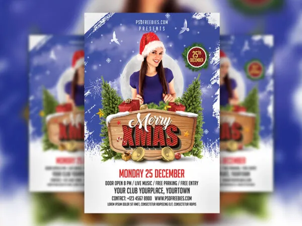 Blue and White Merry Christmas Party Flyer Template 1