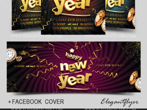 Bold Golden Happy New Year Flyer Template and Facebook Cover 1