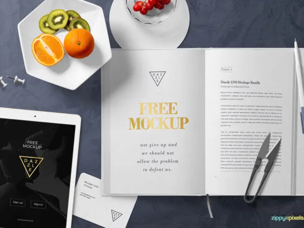 Book Page Mockup Scene Including Business Card and iPad 1