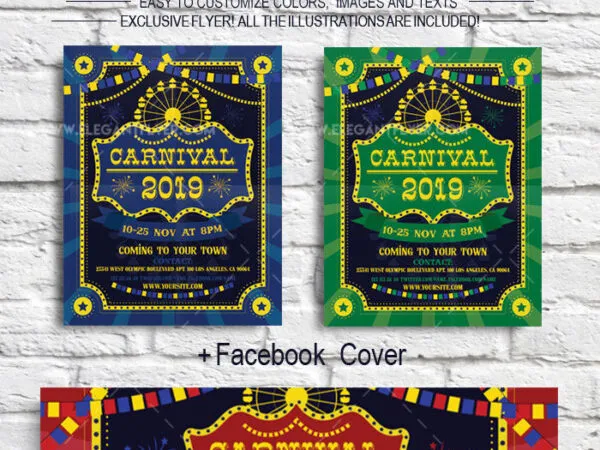 Border Dotted Carnival Flyer Template and Facebook Cover 1