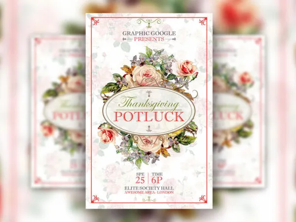 Border Floral Potluck Thanksgiving Flyer Template 1