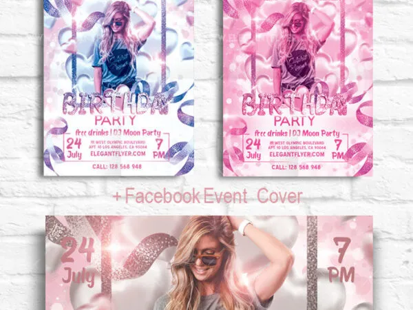 Border Glittery Birthday Party Flyer Template and Facebook Cover 1