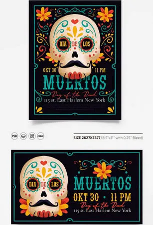 Border Illustrated Dia De Los Muertos Flyer and Facebook Cover Templates 1