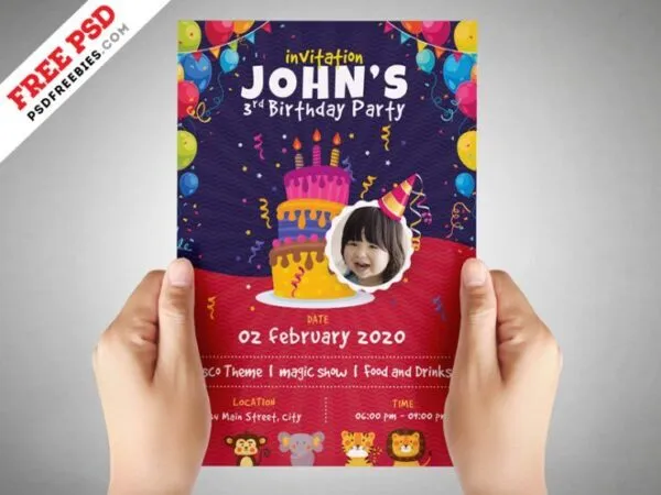 Border Illustrated Kids Birthday Party Invitation Flyer Template 1