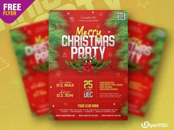 Border Red Merry Christmas Party Flyer Template 1